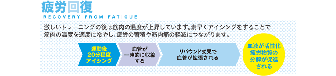 【疲労回復 RECOVERY FROM FATIGUE】激しいいトレーニングの後は筋肉の温度が上昇しています。素早くアイシングをすることで筋肉の温度を適度に冷やし、疲労の蓄積や筋肉痛の軽減につながります。運動後20分程度アイシング>血管が一時的に収縮する>リバウンド効果で血管が拡張される>血液が活性化疲労物資の分解が促進される